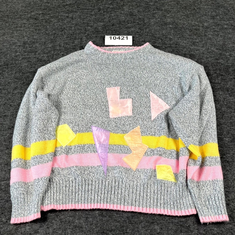 Vintage 1980s Back To Back Sweater Womens M Gray Acrylic Tight Knit Crew Neck